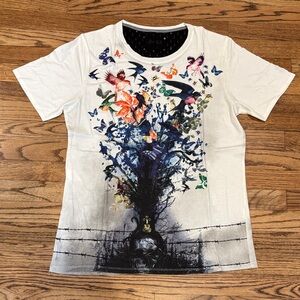 White Short-Sleeve Women’s Tee with Multicolor Butterfly & Tree Art XL Vintage